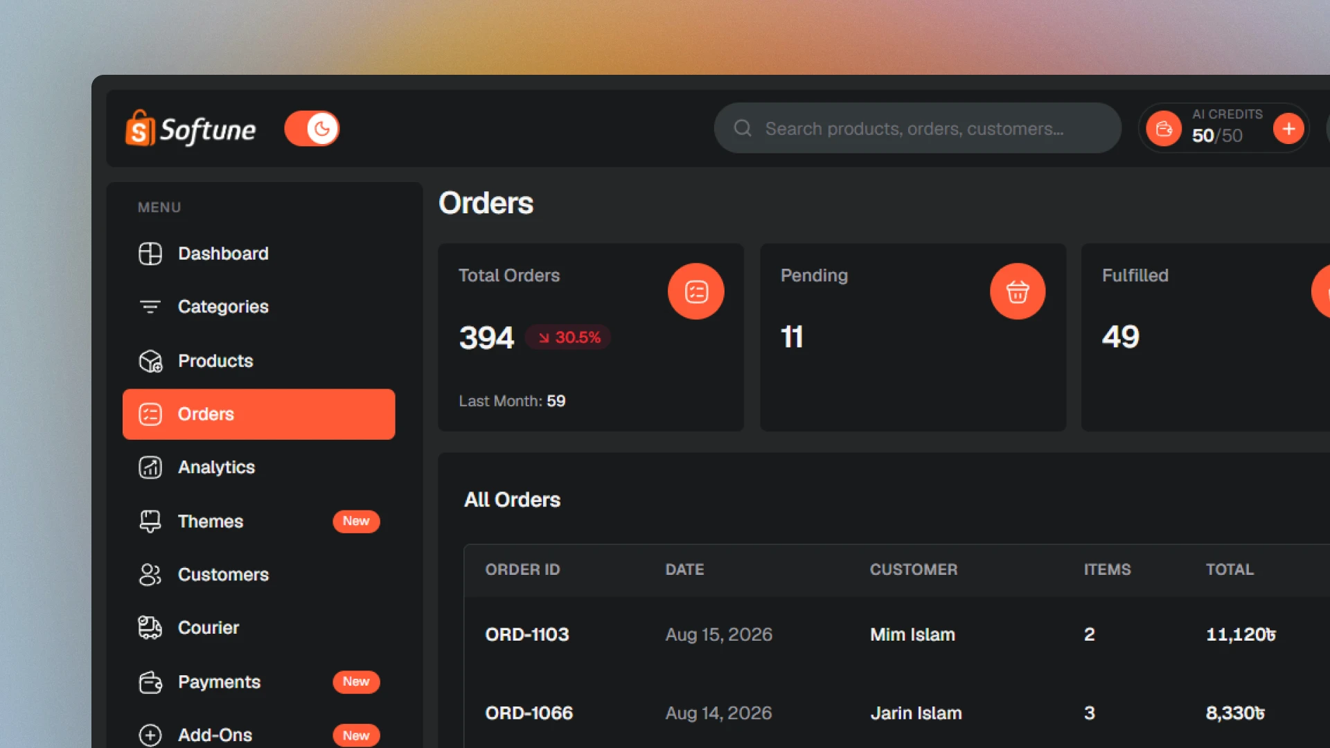 অর্ডার ম্যানেজমেন্ট in the SoftuneBD dashboard