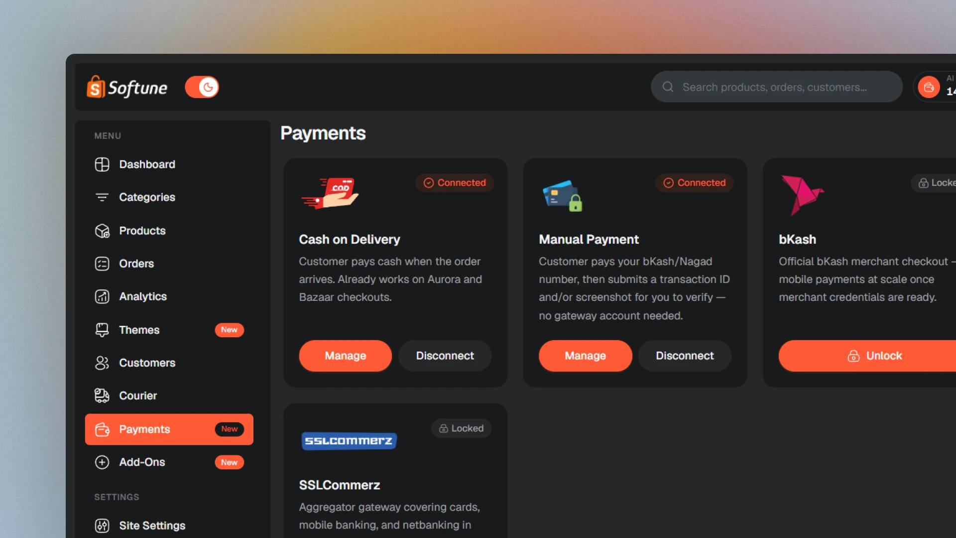 পেমেন্ট গেটওয়ে in the SoftuneBD dashboard