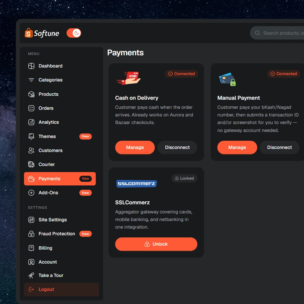 পেমেন্ট গেটওয়ে in the SoftuneBD dashboard