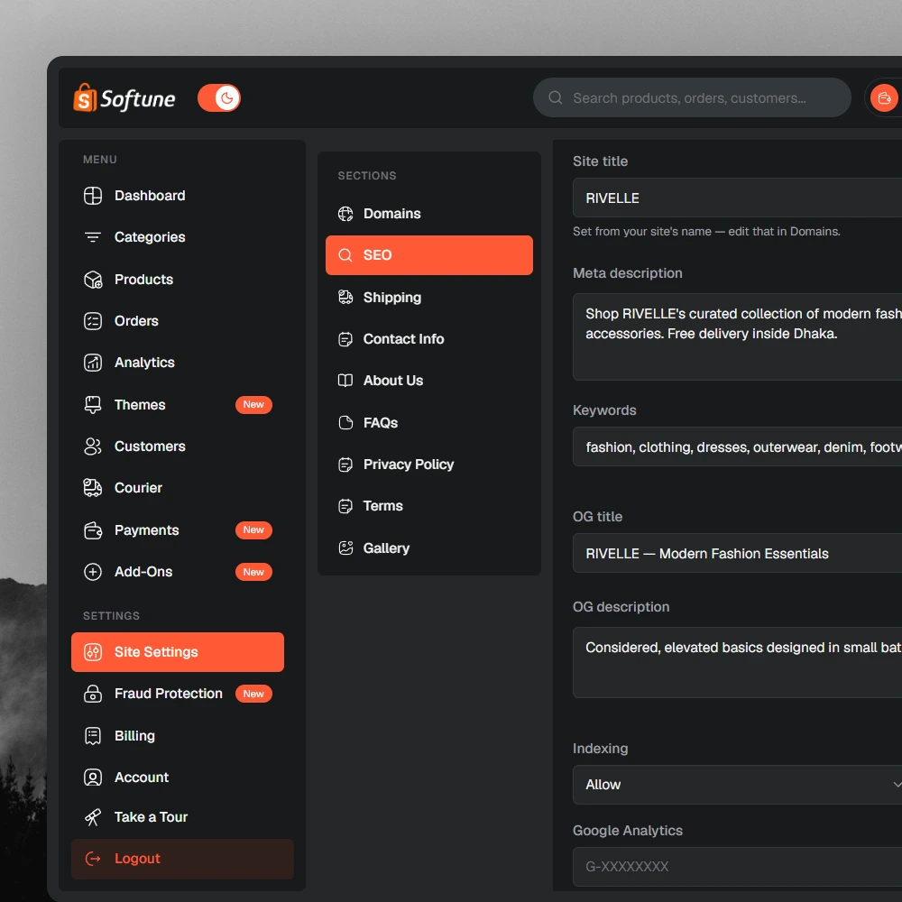 SEO & ডোমেইন in the SoftuneBD dashboard